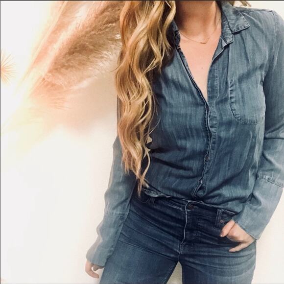 ANTHROPOLOGIE Blue Denim Chambray Washed Long Sleeve Tencel Button Shirt Top S - Picture 2 of 8